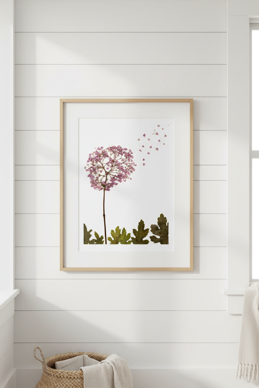Framed artwork of a pink flowering plant with green leaves on a white background
