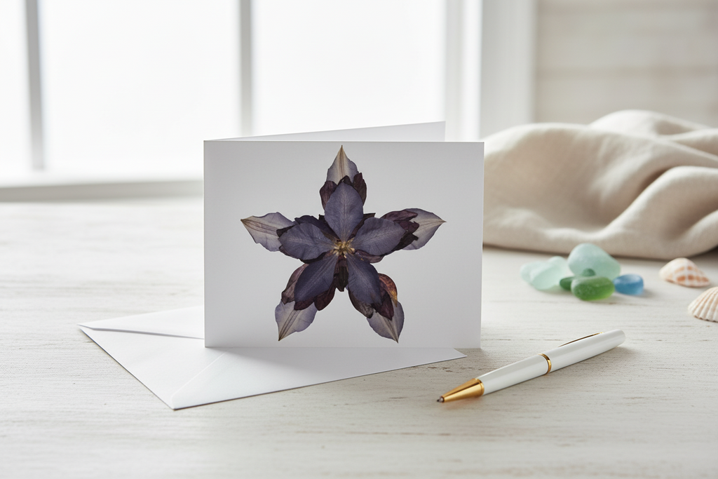 Pressed flower on a white card with a white envelope