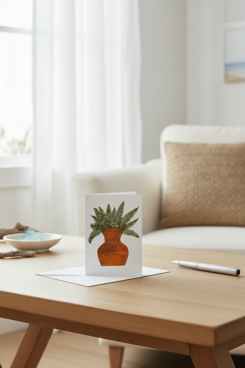 Pressed Fern in a wooden pot on a white card with a white envelope.