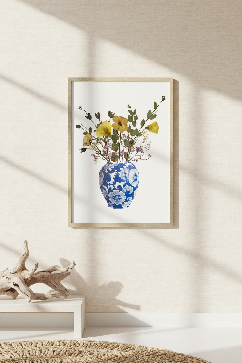 Framed artwork of a blue and white floral-patterned vase with yellow flowers on a white background