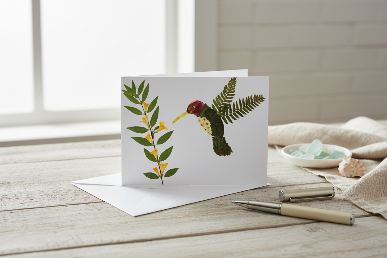 Greeting card with a decorative design of a bird and plants on a white background