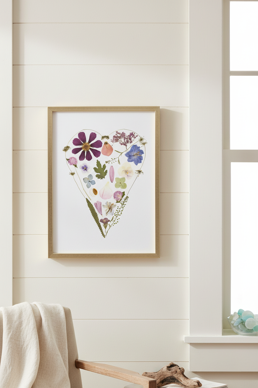 Heart-shaped arrangement of pressed flowers with a gold frame on a white background