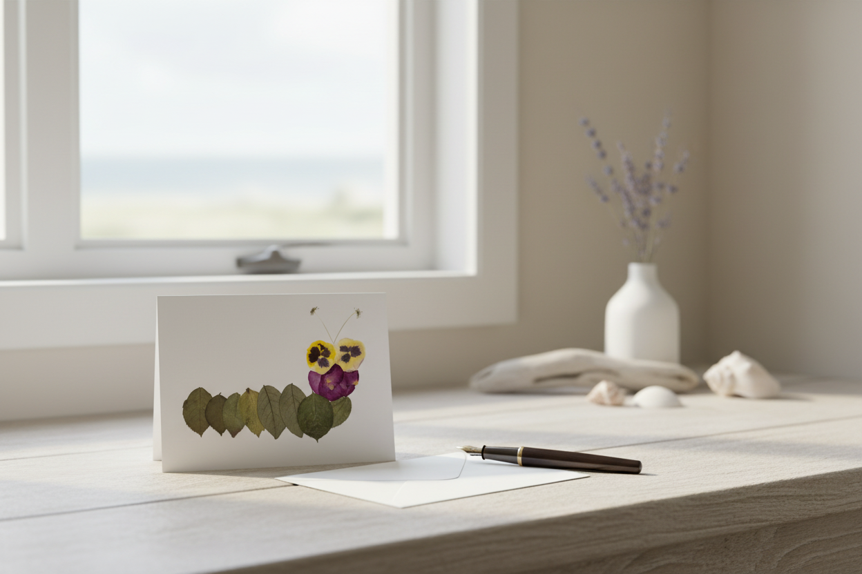 Greeting card with a decorative caterpillar made of pressed flowers and leaves on a white background.