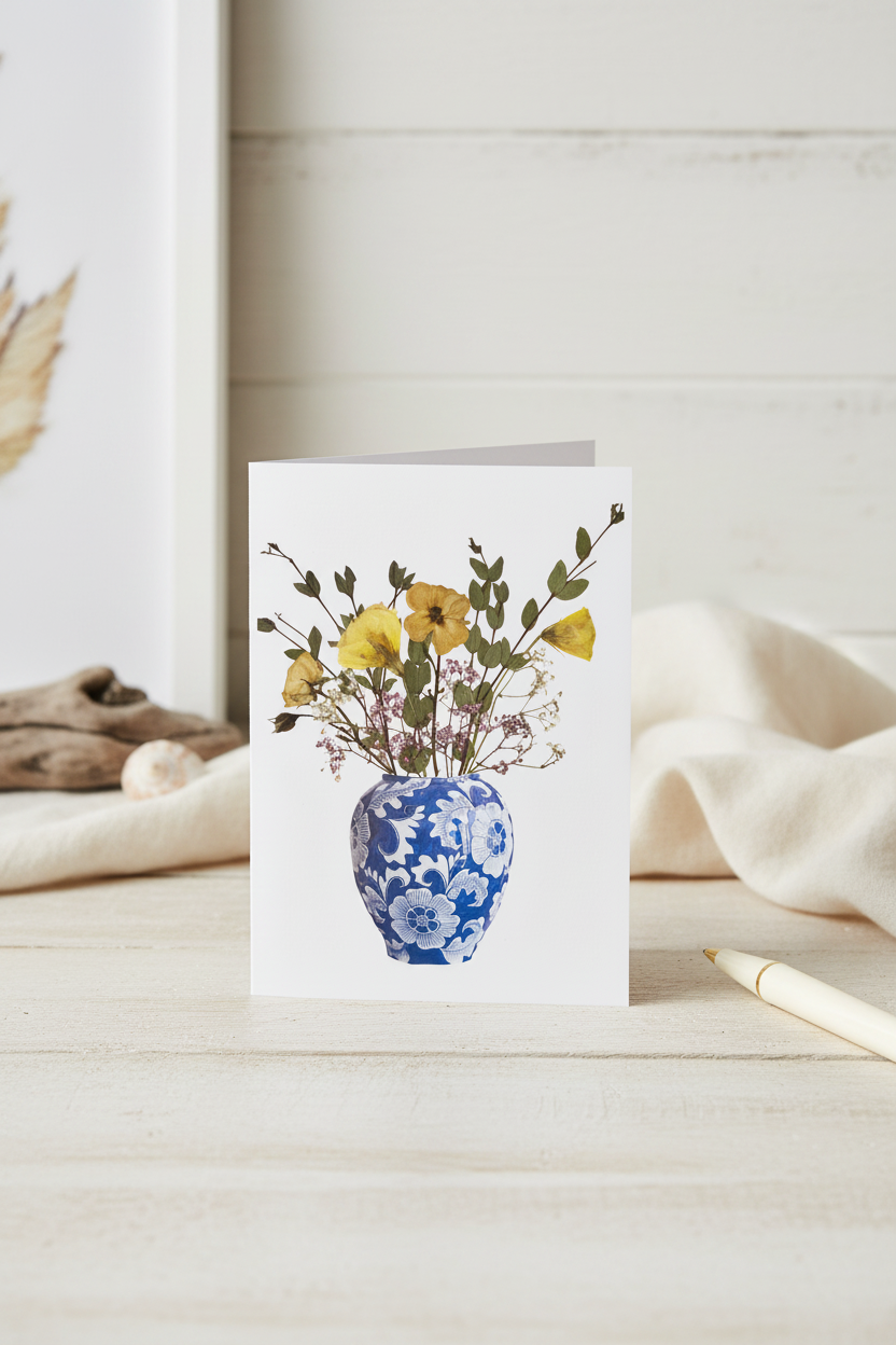 Greeting card with a blue and white vase holding flowers on a white background