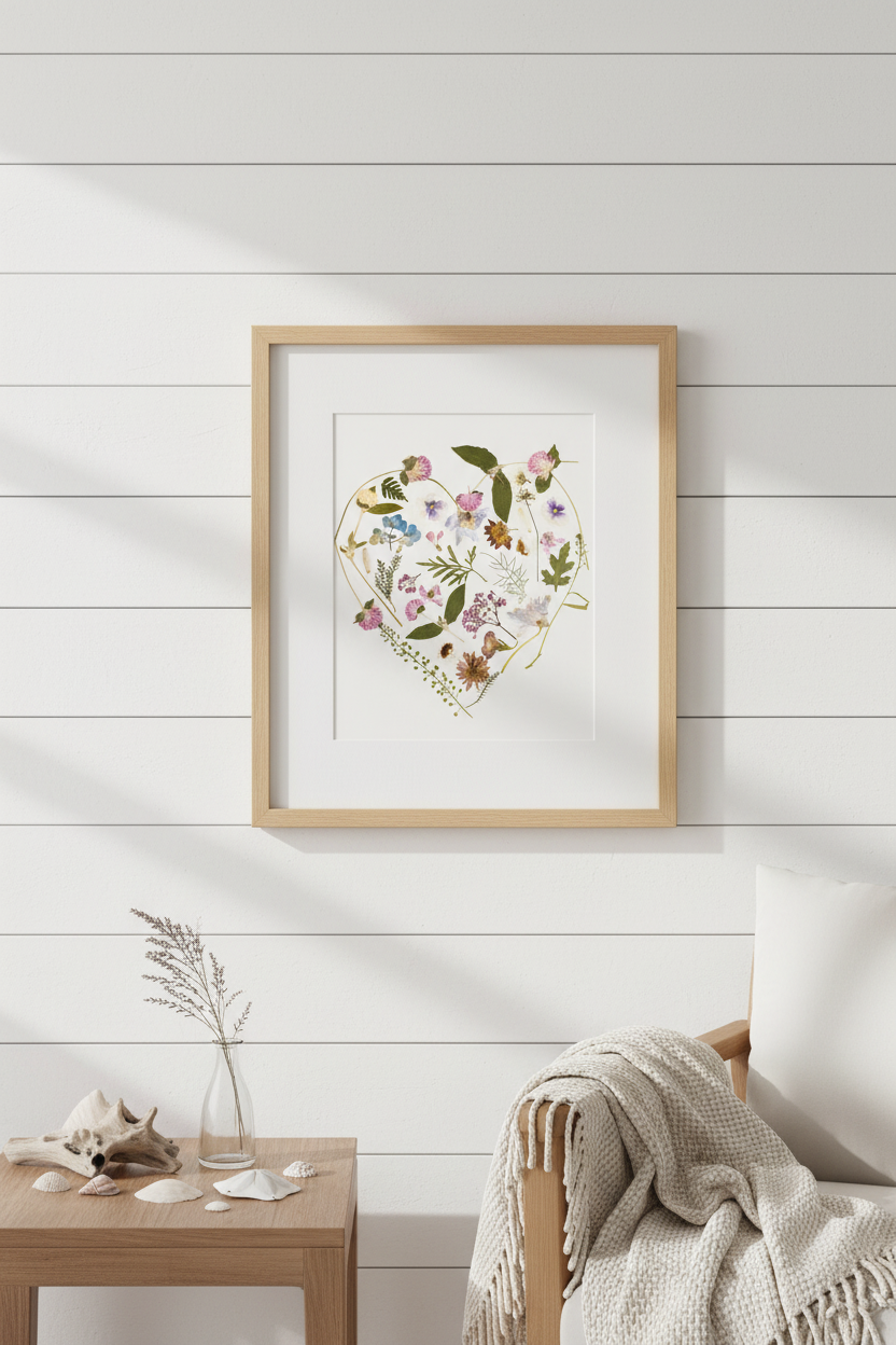 Heart-shaped arrangement of flowers and leaves in a gold frame on a white background