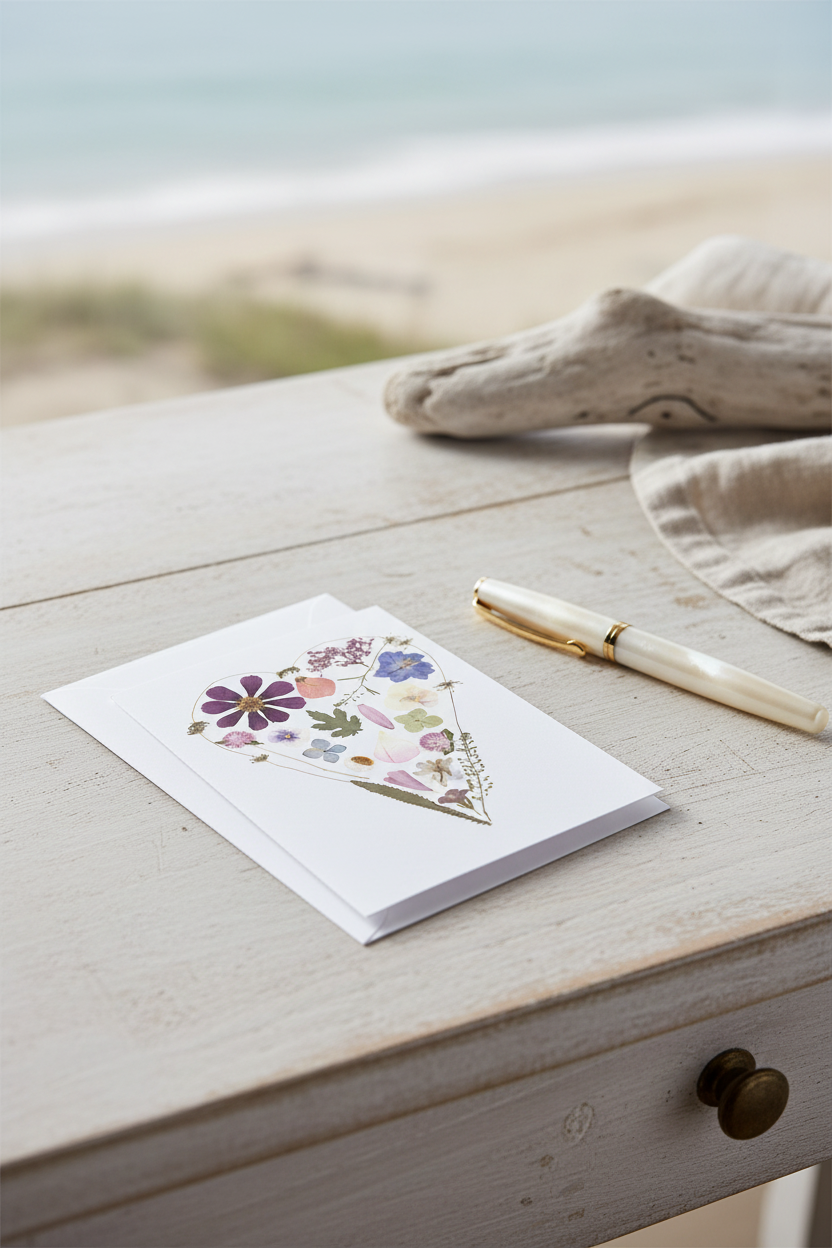 Floral heart-shaped card with a white envelope on a light gray background