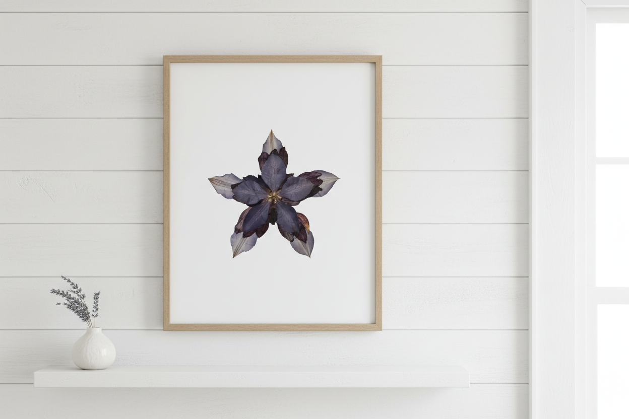 Framed artwork of a pressed flower with a gold frame on a white background