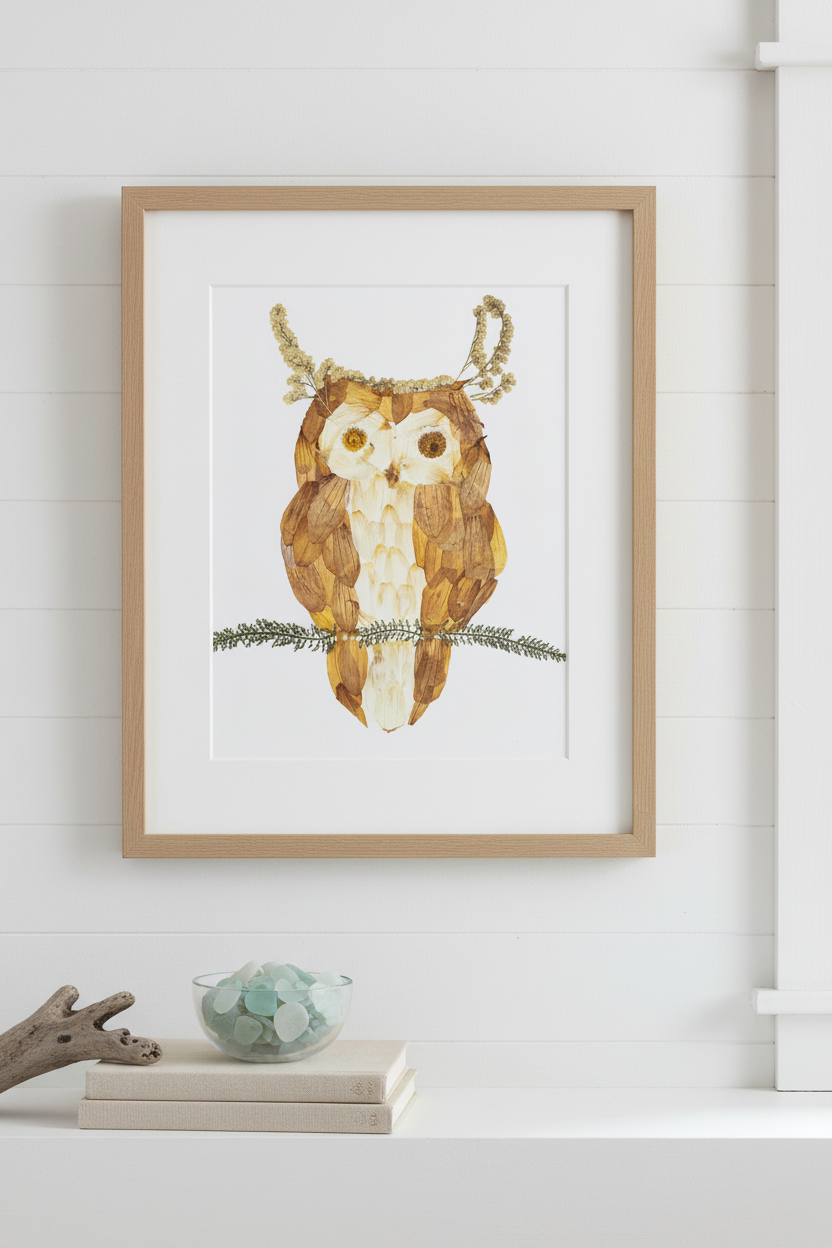 Decorative pressed flower owl wall art on a white background