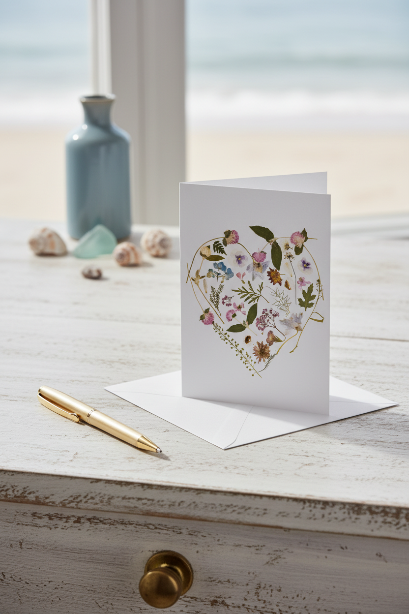 Floral heart design on a white card with an envelope.