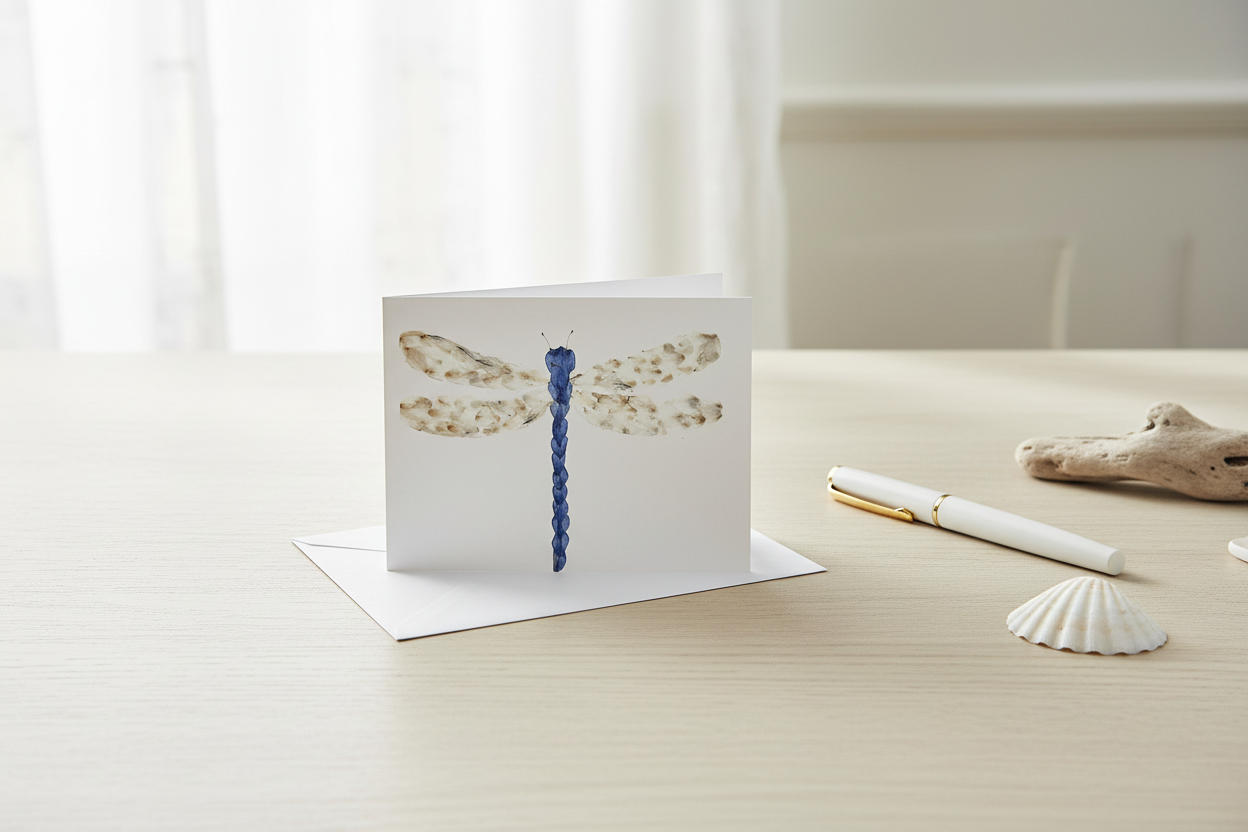 Greeting card with a dragonfly design on a white background