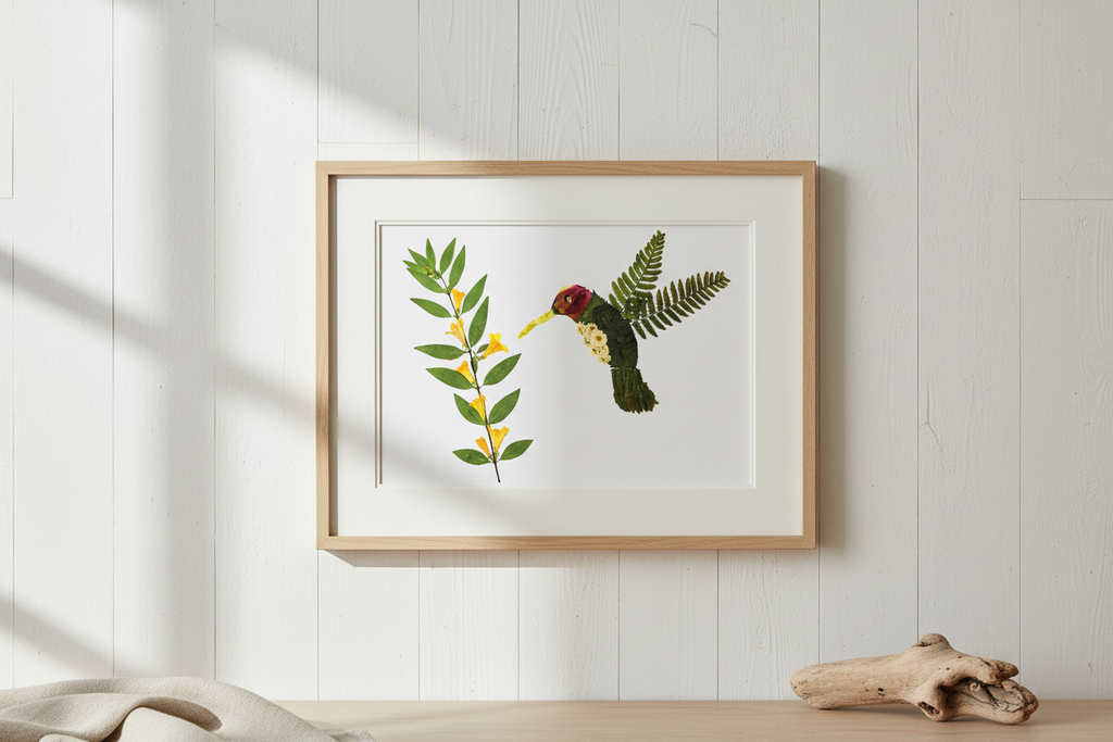 Decorative wall art of a hummingbird and flowers on a white background