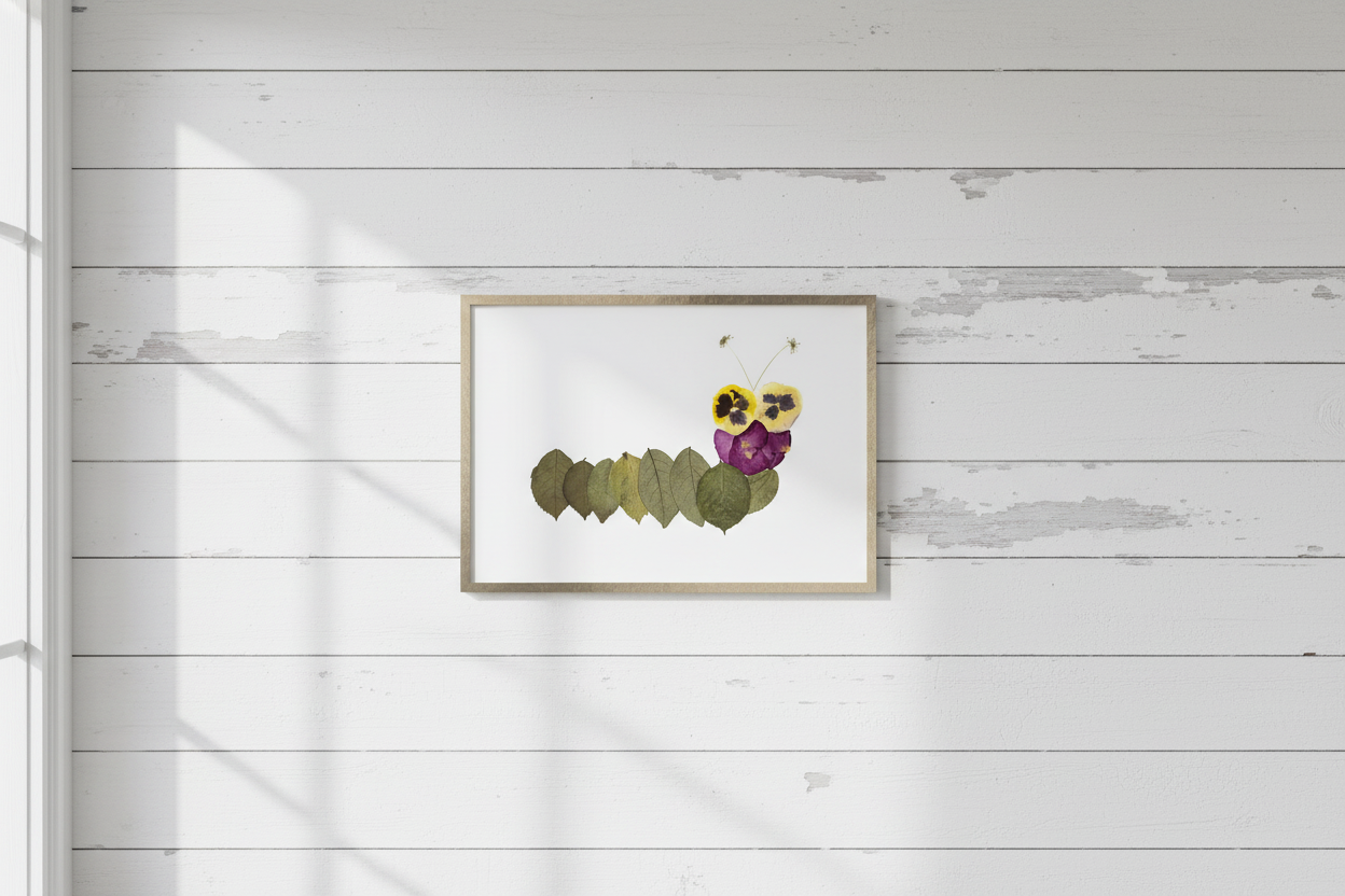 Decorative arrangement of pressed flowers and leaves to create a caterpillar in a frame on a white background