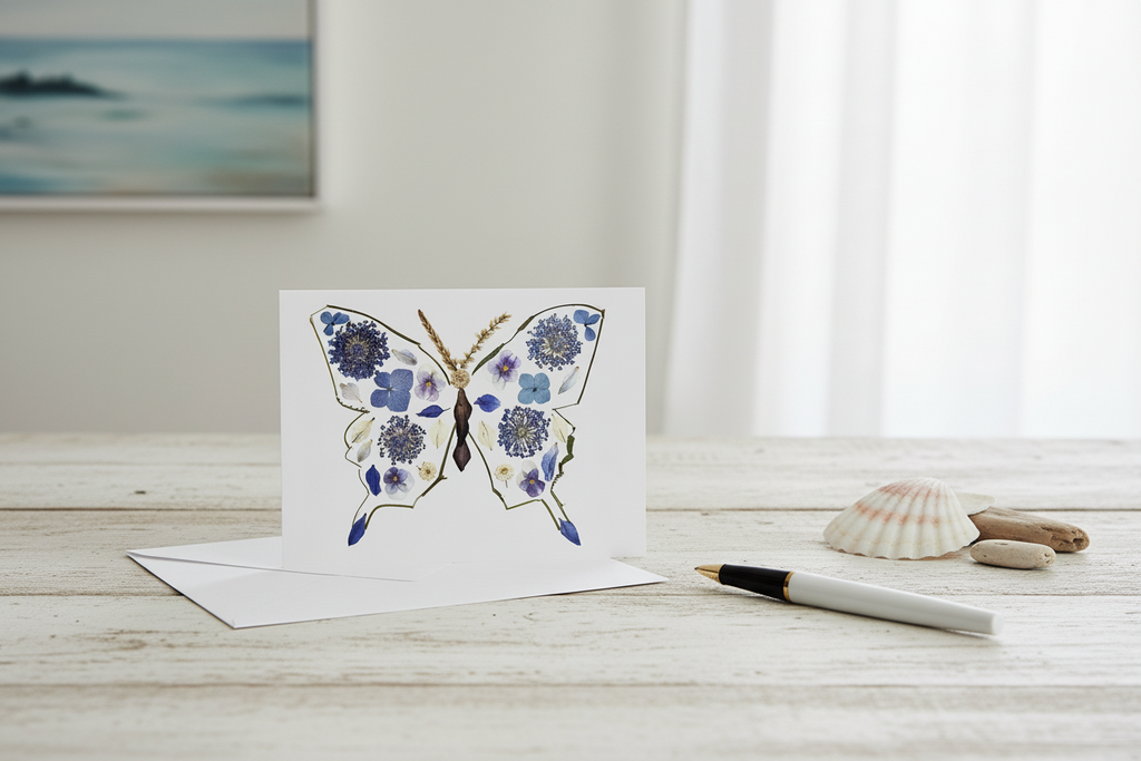 Greeting card with a butterfly design featuring blue and purple flowers on a white background.