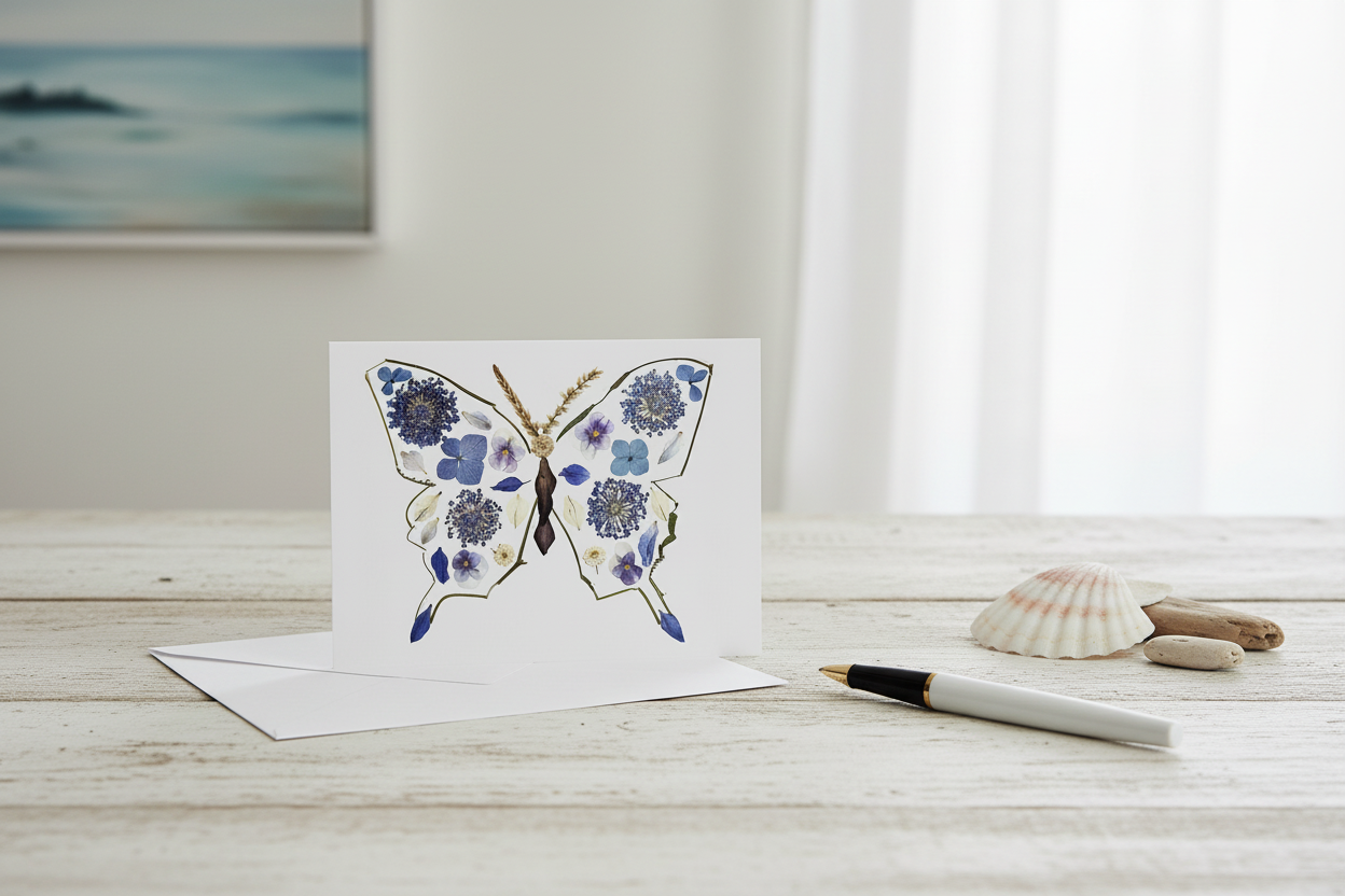 Greeting card with a butterfly design featuring blue and purple flowers on a white background.