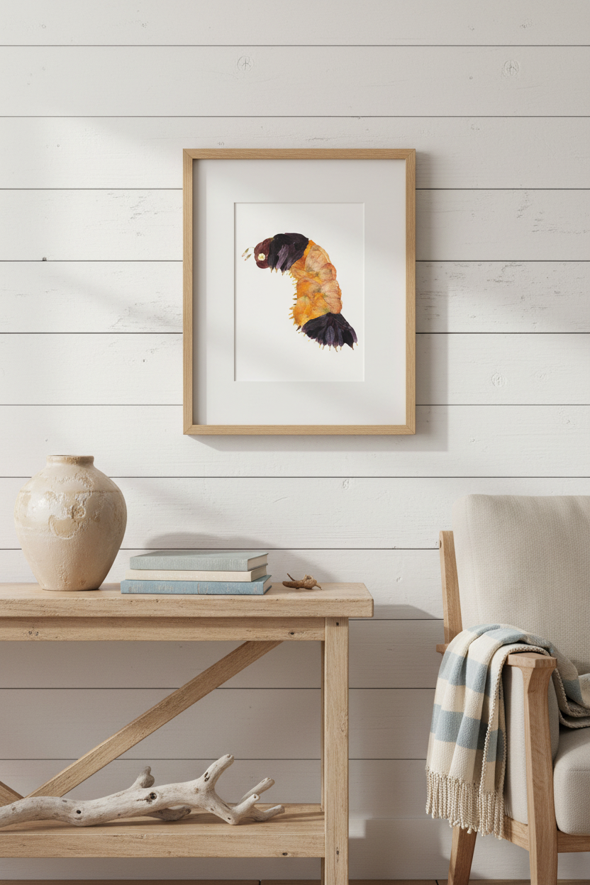 Greeting card with a colorful pressed flower worm illustration on a white background
