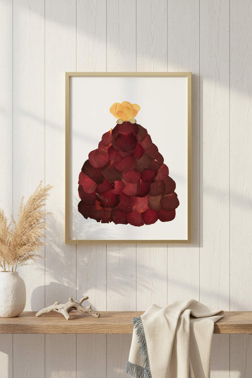Red Dress made of pressed flowers on white background