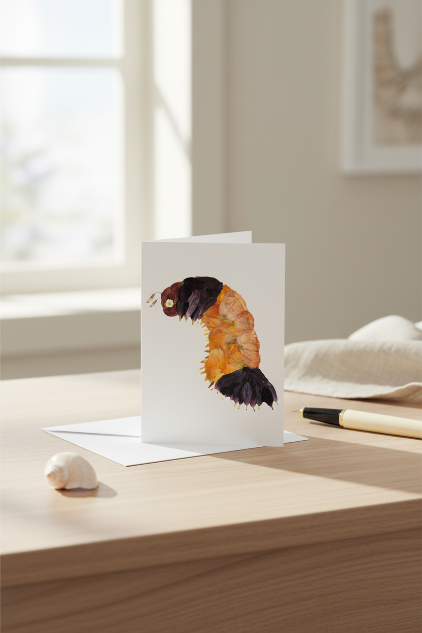 Greeting card with a pressed flower caterpillar on a white background