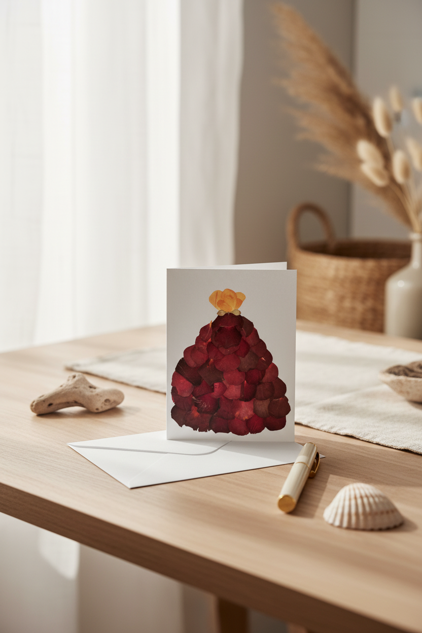 Greeting card with a red rose petal  dress design on a white background