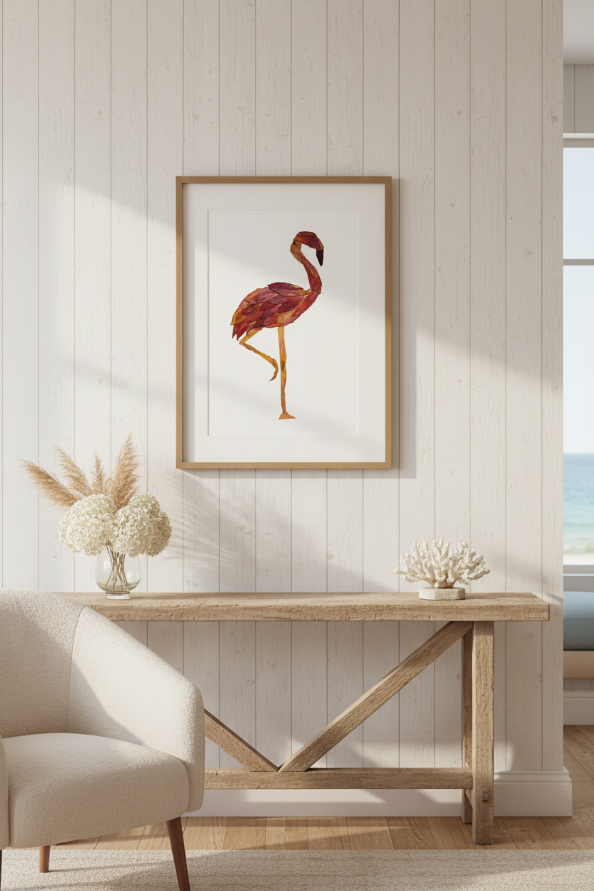 Framed artwork of a pressed flower flamingo with a gold frame on a white background