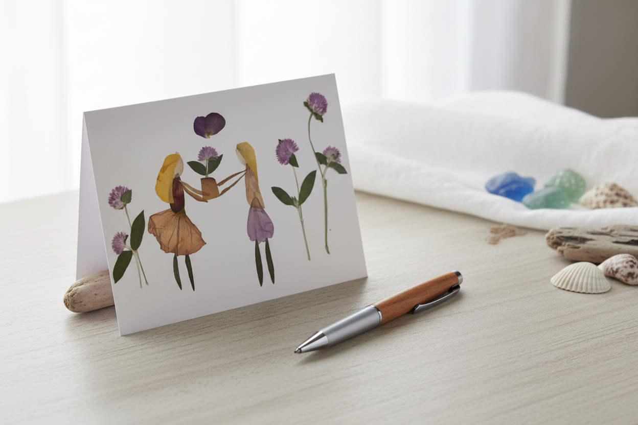 Greeting card with pressed flower art of two women holding hands surrounded by flowers on a white background.