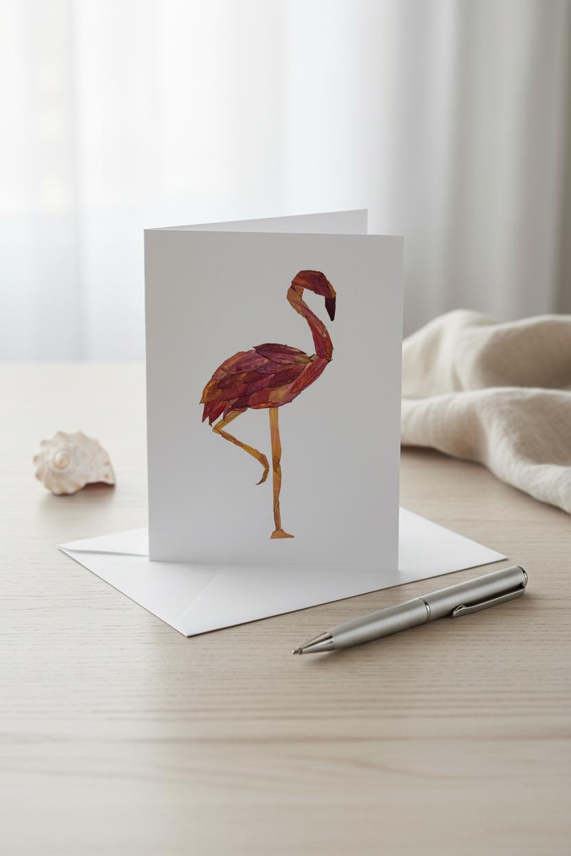 Greeting card with a colorful flamingo design on a white background