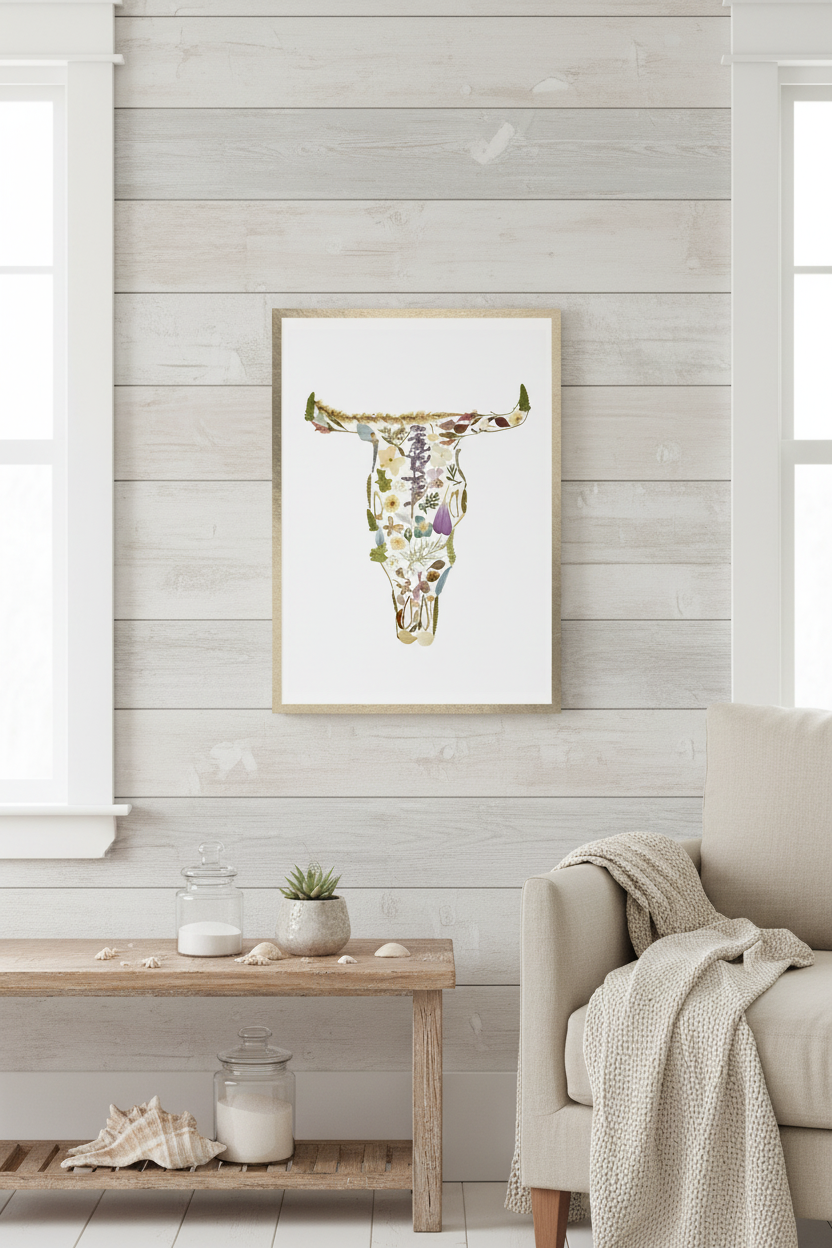 Decorative print of a cow skull with floral patterns in a wooden frame.