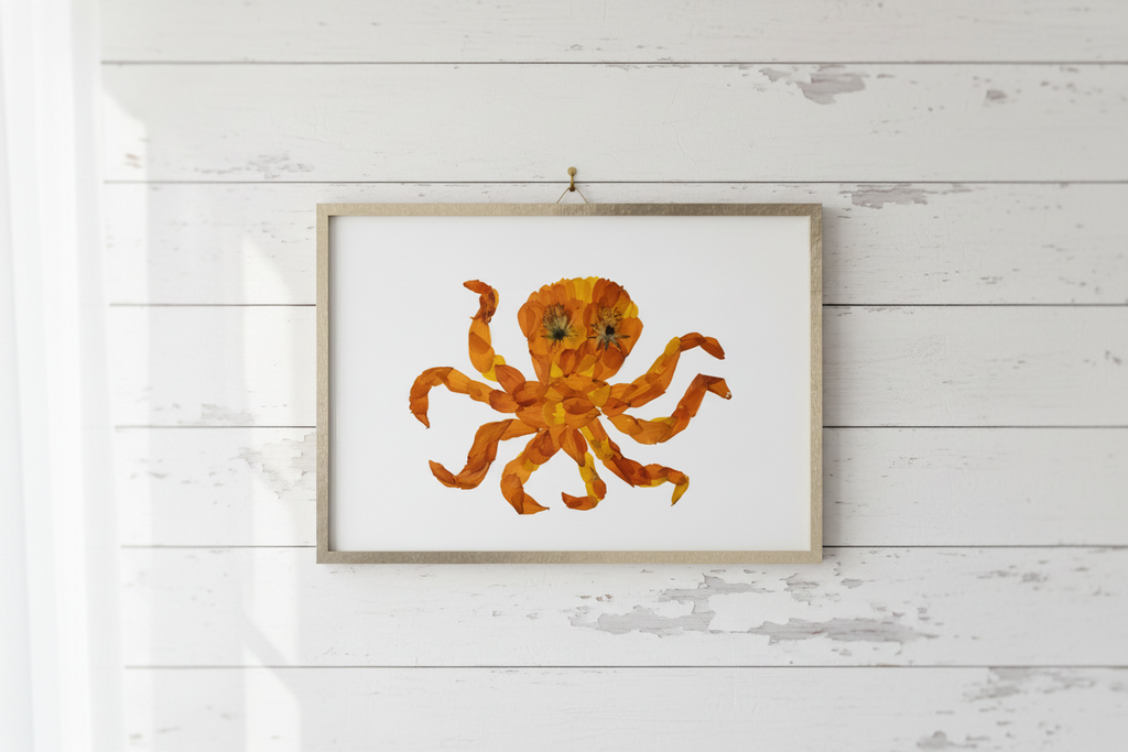 Artistic depiction of an octopus made from pressed flowers on a white background