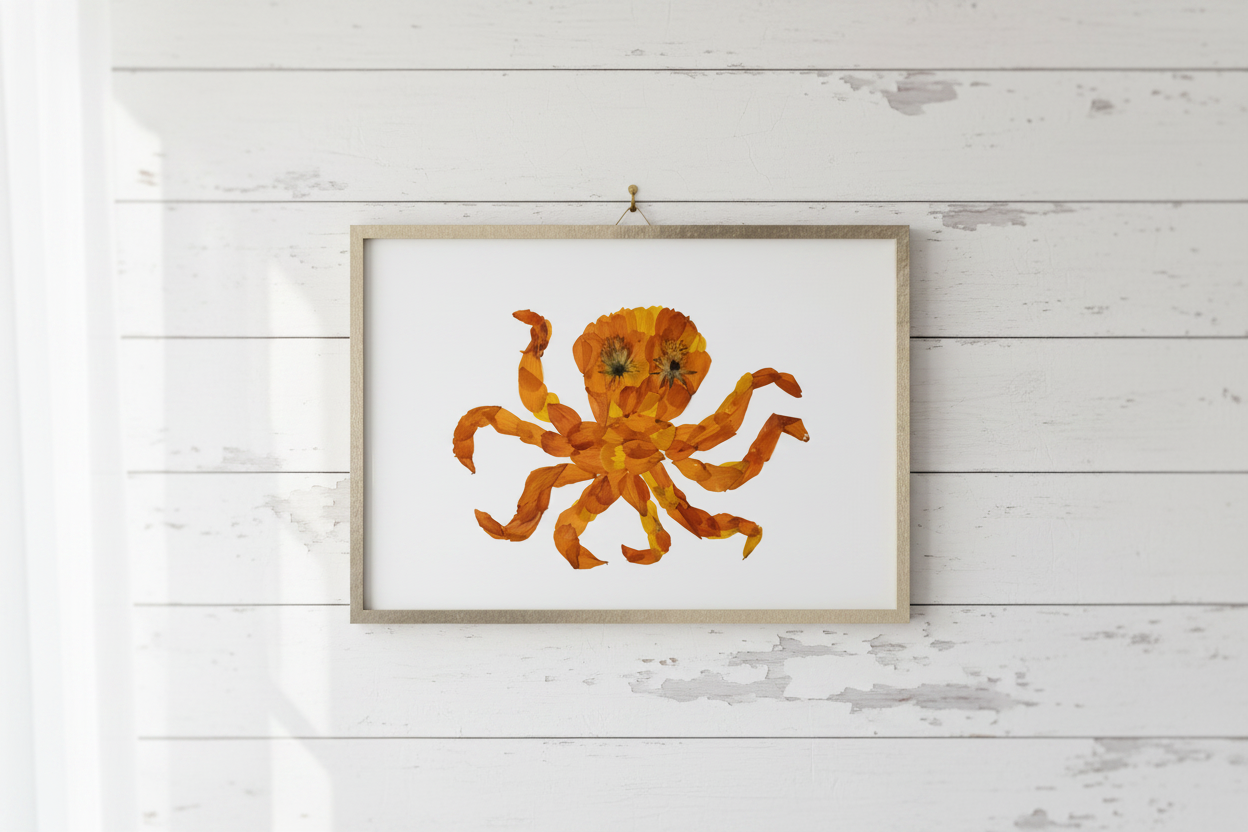 Artistic depiction of an octopus made from pressed flowers on a white background