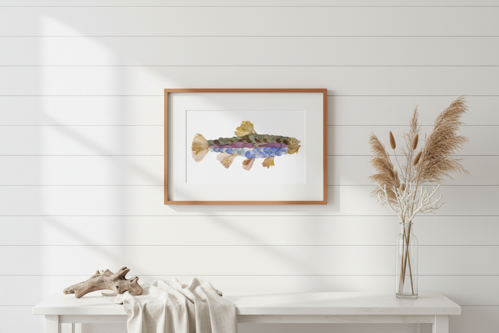 Pressed flower rainbow trout on a white background