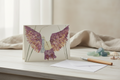 Greeting card with a colorful spoonbill design on a white background