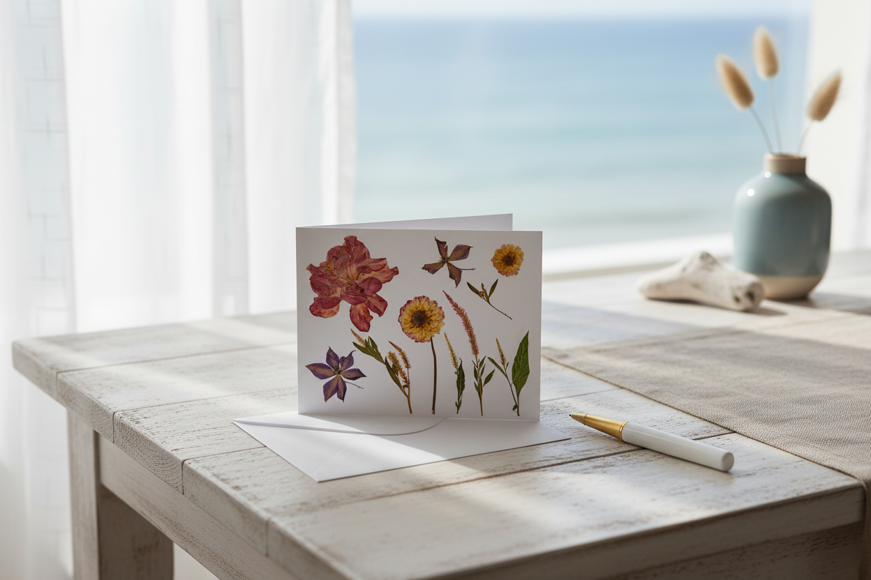 Greeting card with pressed flowers on a white background