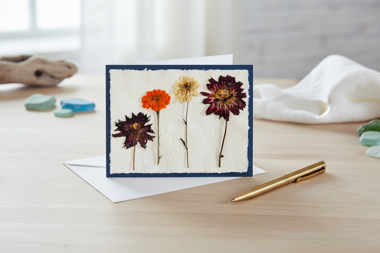 Greeting card with pressed flowers on a white background