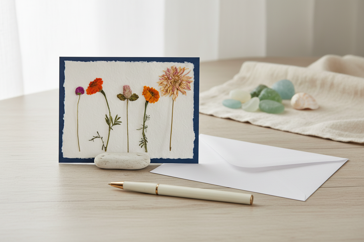 Greeting card with pressed flowers on a white background