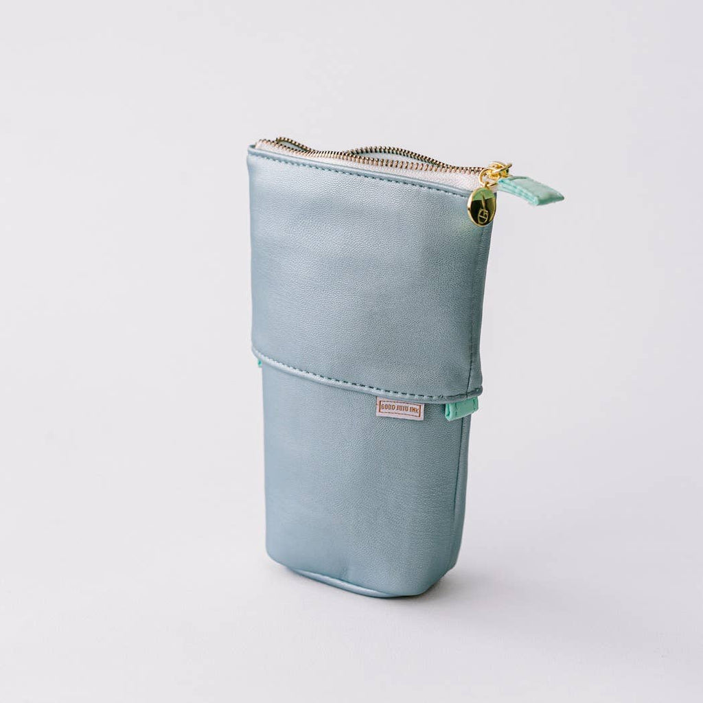 Luxe Standing Pencil Pouch - Metallic Blue Sky