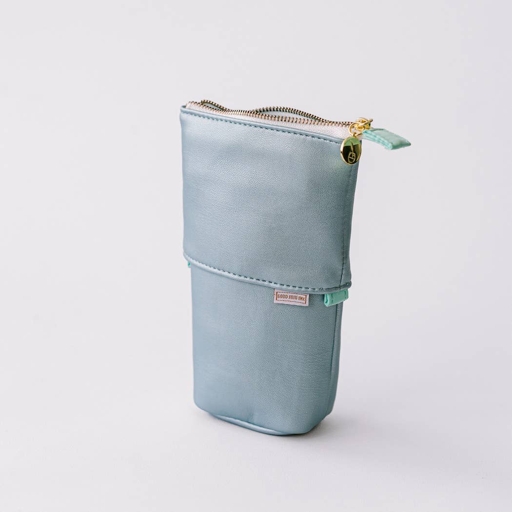 Luxe Standing Pencil Pouch - Metallic Blue Sky