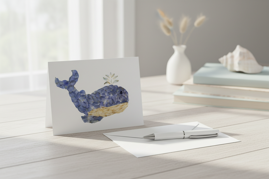 Greeting card with a whale design on a white background