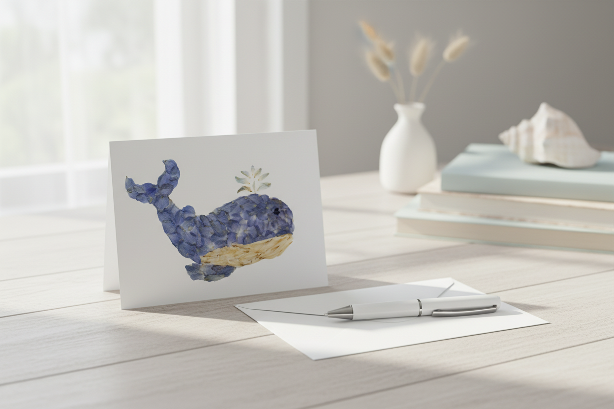 Greeting card with a whale design on a white background