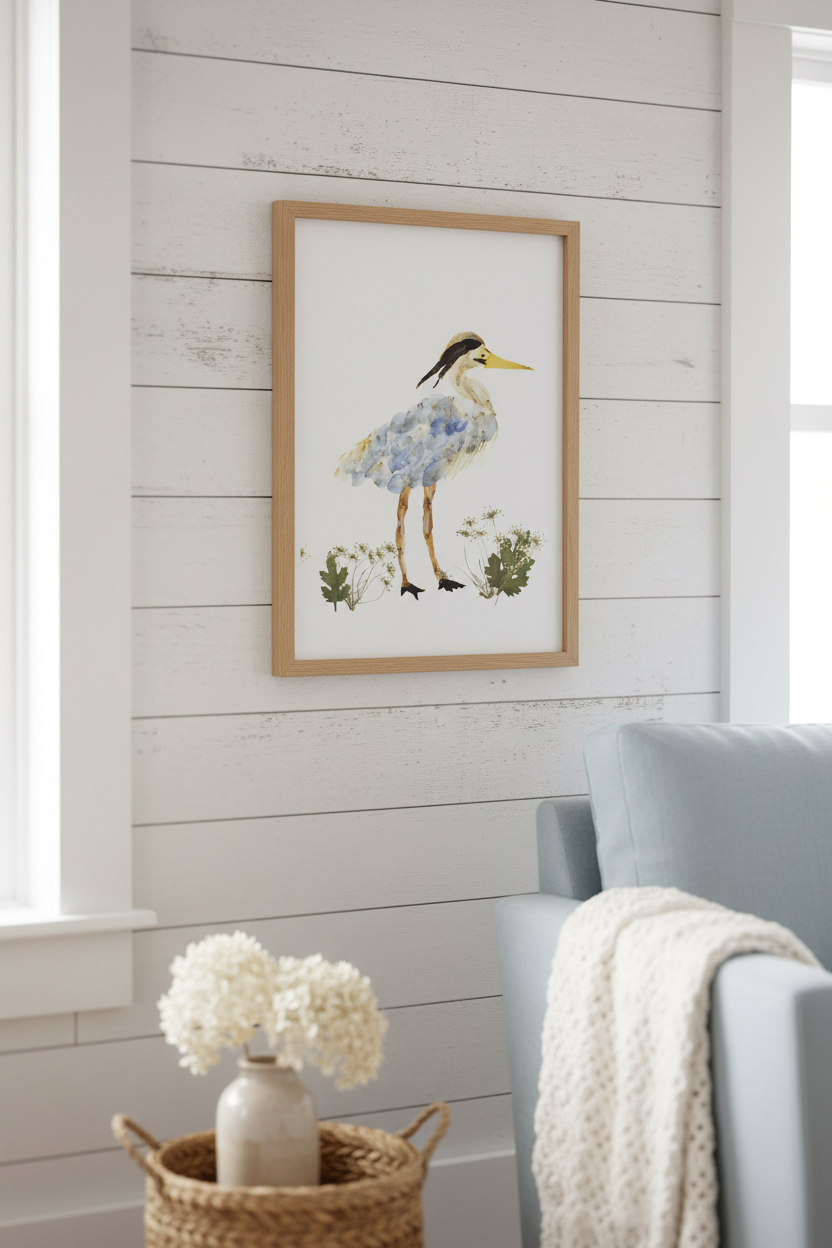Framed artwork of a heron with floral elements on a white background