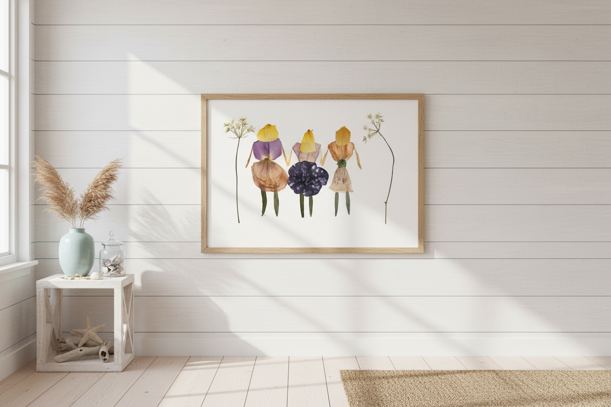 Framed artwork of four stylized flower characters with a white background