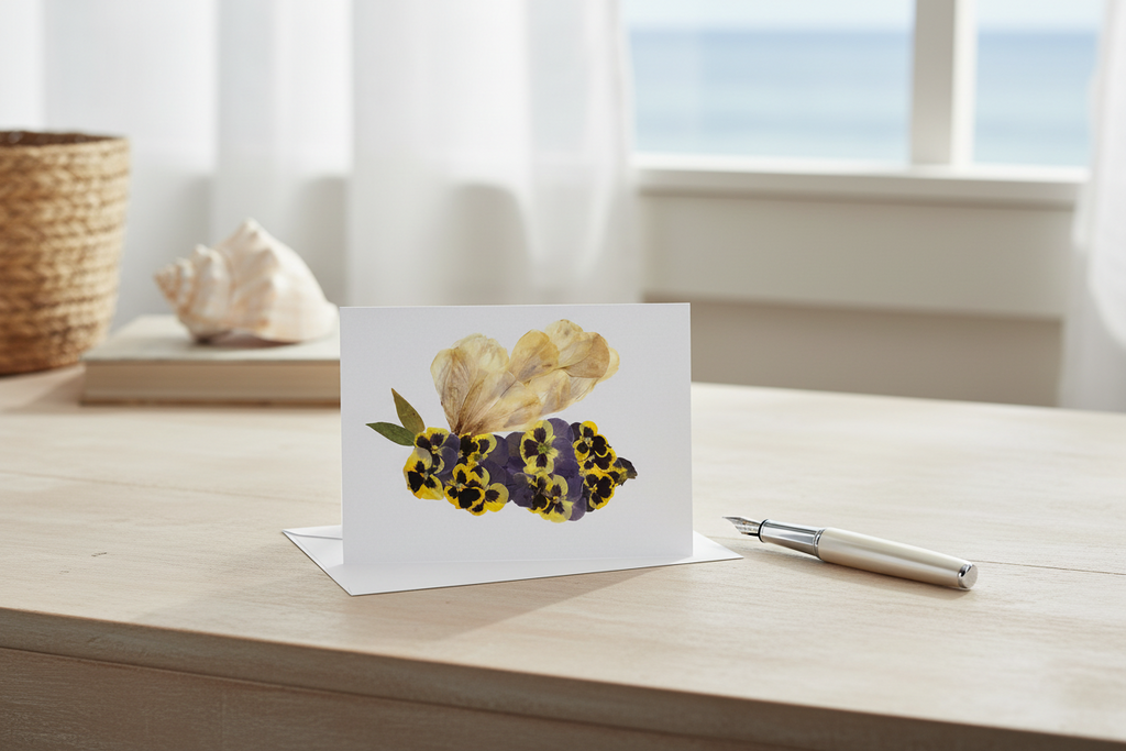 Pressed Floral card bumble bee on a white background
