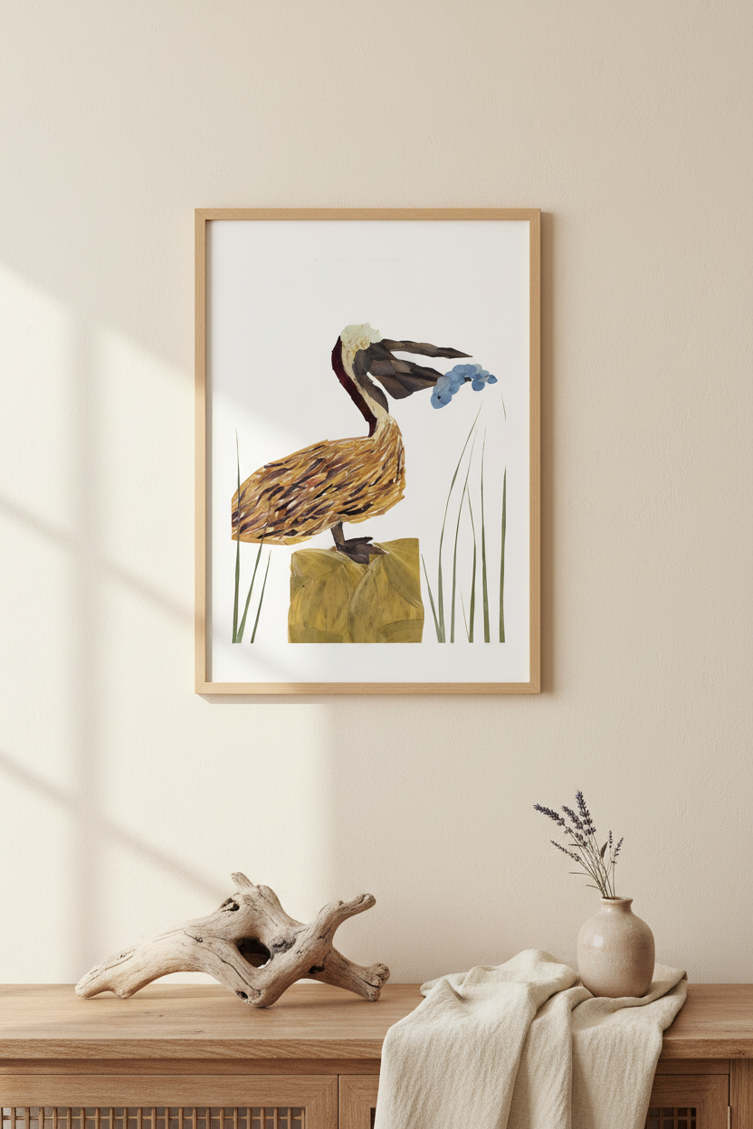 Framed artwork of a pressed flower pelican with reeds on a white background