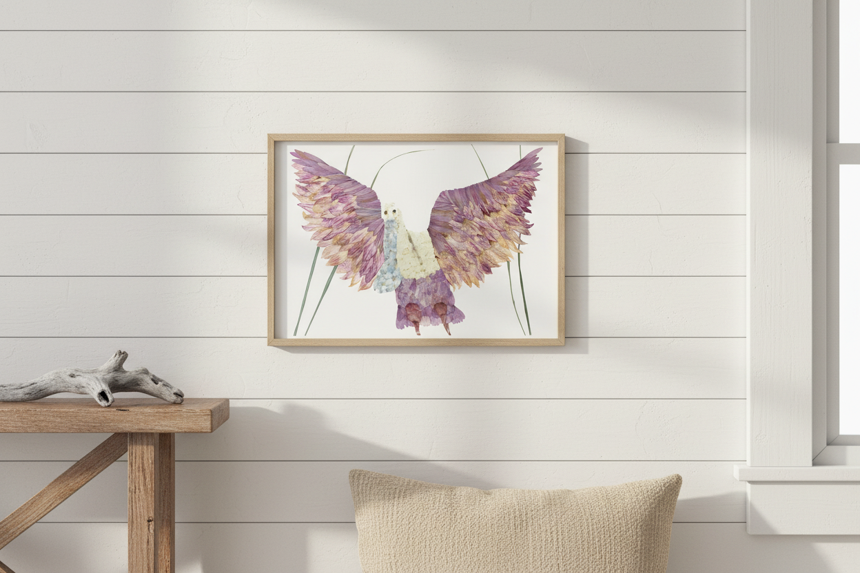 Framed artwork of a bird with colorful wings on a white background