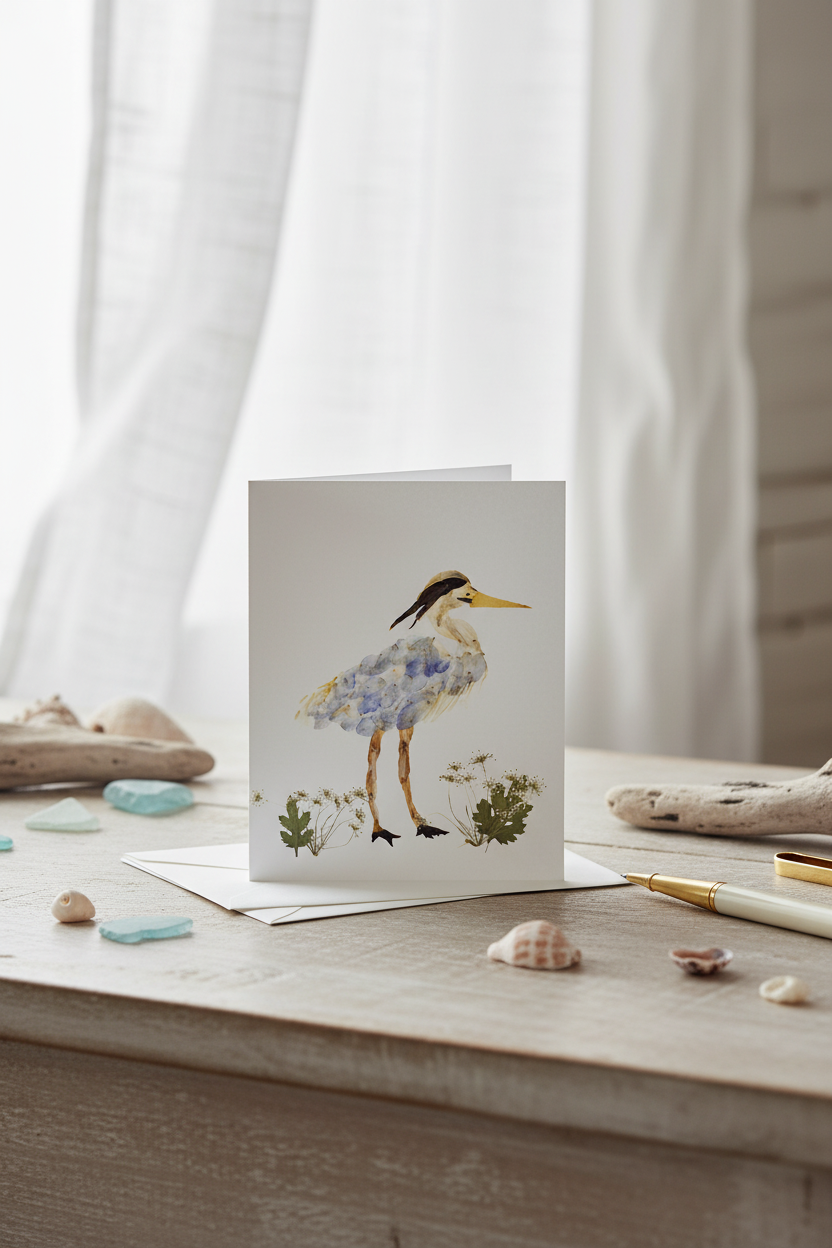 Greeting card with a heron design on a white background