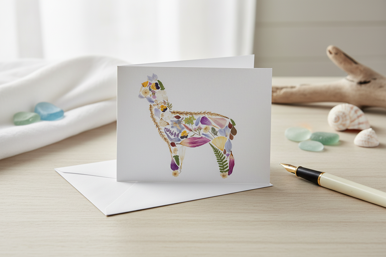 Greeting card with a colorful llama design on a white background