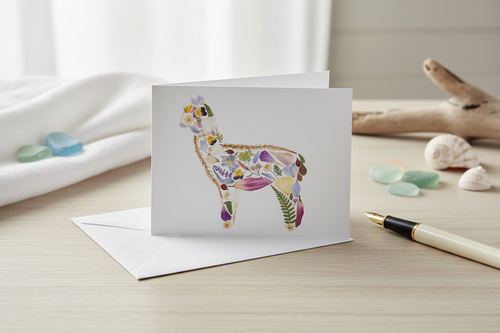 Greeting card with a colorful llama design on a white background