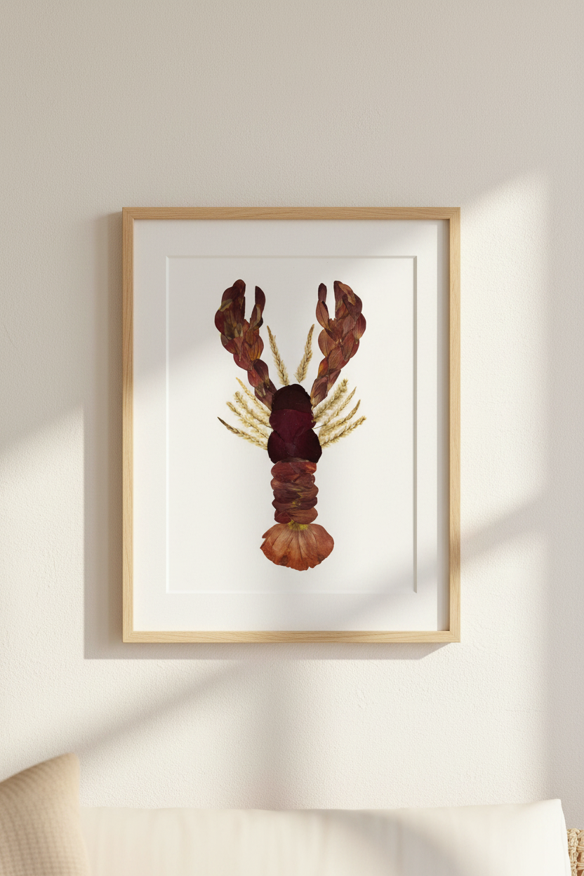 Framed artwork of a pressed flower  lobster on a white background