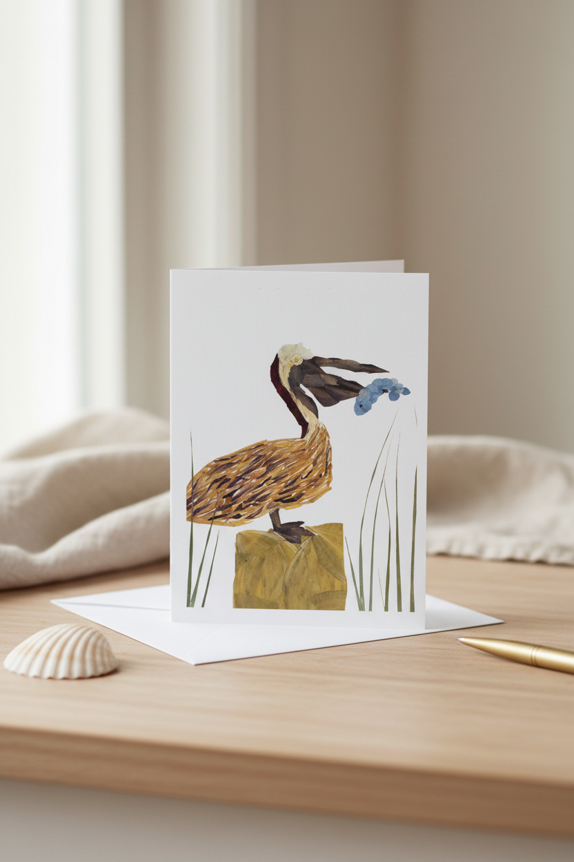 Greeting card with a pelican design on a white background