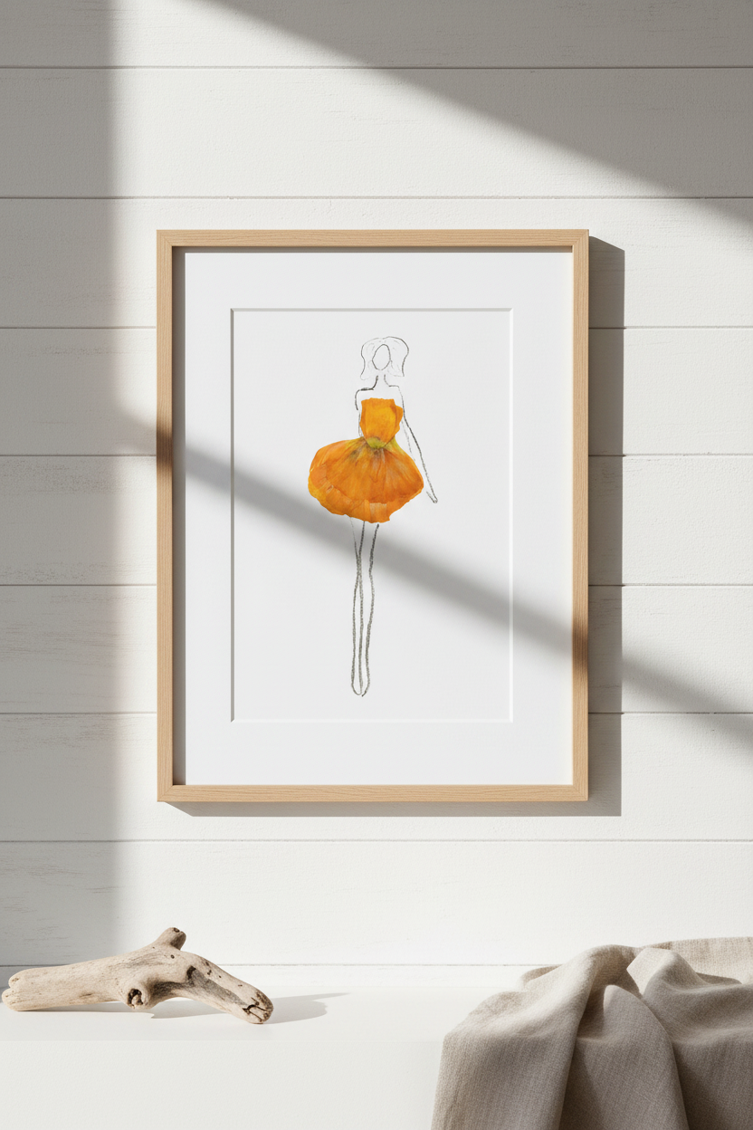 Artistic depiction of a dress made from orange pressed flowers with a white outline on a white background.