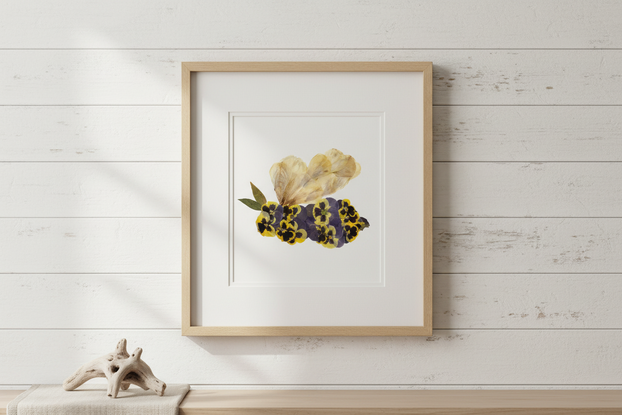 Framed artwork of a bumble bee with dried flowers and leaves on a white background 