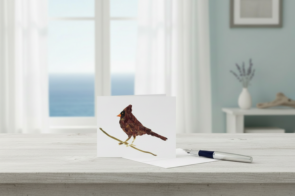 Cardinal bird pressed flower art on a white card with envelope